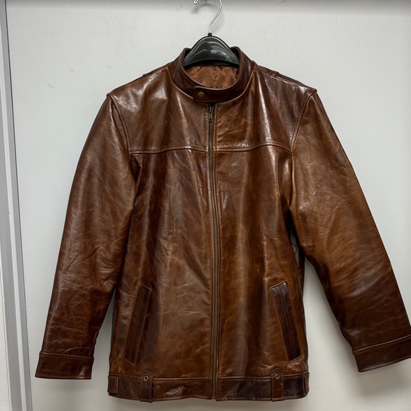 100% Genuine Leather Brown Moto Jacket – Classic Zip Front Style